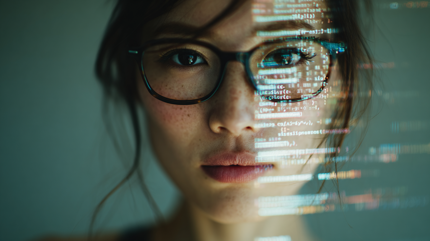 Woman with glasses and digital code